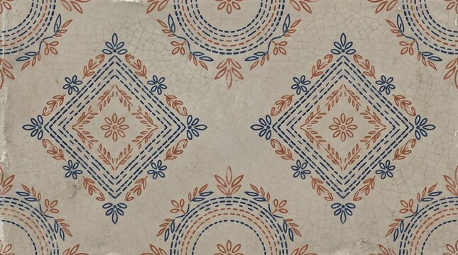 Vintage ceramic tile pattern with intricate blue and rust orange geometric floral motifs on a cracked, aged background.