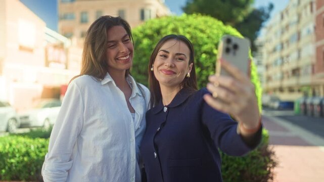 Two women taking a selfie with smartphone, arm extended and smiling on a sunny street by trimmed hedge and city buildings; friendship joy.
