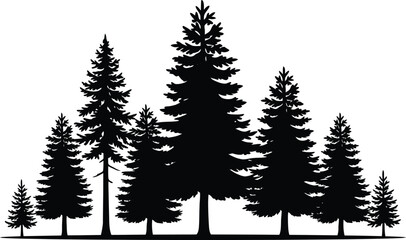 A row of pine trees is displayed as black silhouettes of different sizes, creating a continuous forest border on a white background. © MstShopna
