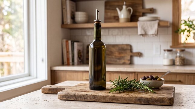 Premium Olive Oil Bottle with Rosemary on Rustic Cutting Board