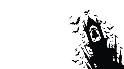 Fototapeta premium Haloween border Spooky Gothic Bell Tower Silhouette, Flying Bats Horror Scene, Black Halloween Grunge Vector Illustration, Monster Bat Swarm isolated on White Background editable eps