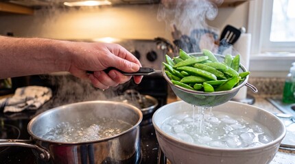 Fototapeta premium Steamy Pot Hands Cooking Green Beans in Boiling Water Food Photography