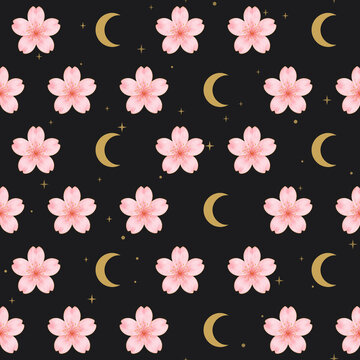 Cherry blossom and crescent moon seamless pattern, watercolor sakura with gold on black, Japanese night sky illustration