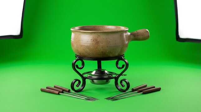 Ceramic fondue pot set on an ornate metal stand with six metal forks