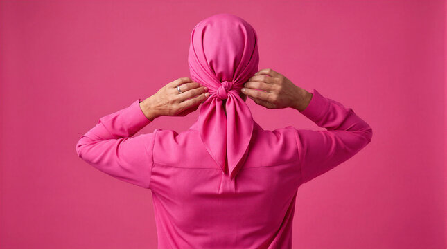 Mulher usando len&ccedil;o rosa na cabe&ccedil;a para campanha outubro rosa