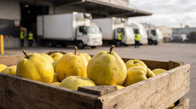 Fresh Quince in Wooden Crate at Produce Distribution Warehouse
