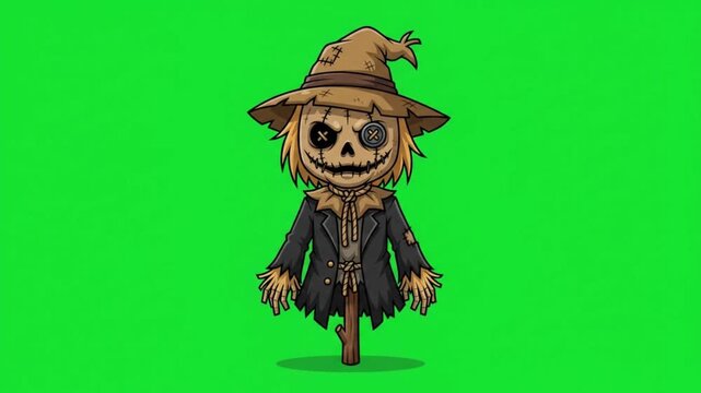 Cute cartoon scarecrow character with button eyes isolated on green screen background