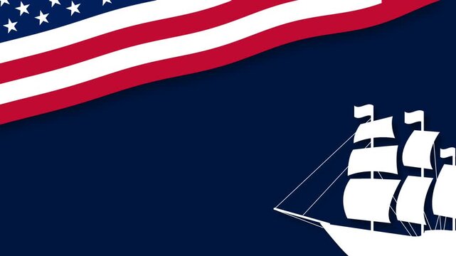 Columbus Day Graphic Background with American Flag Banner and White Sailing Ship Silhouette.