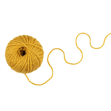 A round ball of mustard yellow yarn with a long unraveled strand extending to the right side isolated on a transparent background
