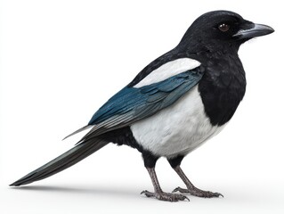 Fototapeta premium Full Body Portrait Of A Eurasian Magpie With Black And White Plumage On A Plain White Background