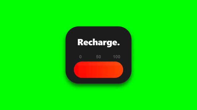 Recharge battery widget with red loading bar and text interface icon element isolated on green chroma key