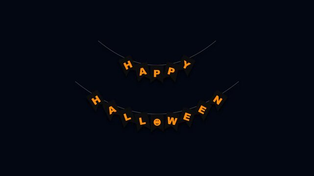 Happy Halloween orange bunting banner garland decoration hanging on a dark black background