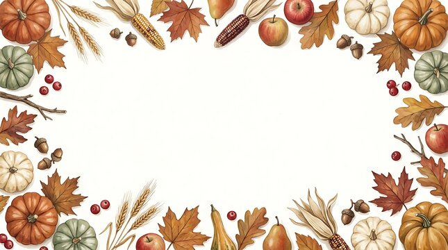 A beautiful thanksgiving border featuring autumn leaves pumpkins berries and wheat perfect for invitations cards or festive decorations celebrating gratitude and harvest
