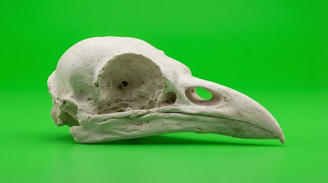 A detailed profile view of a bird skull isolated on a vibrant green background