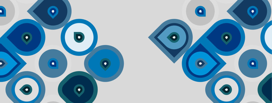 Blue evil eye patterns repeat across light gray background. Shapes vary in size, creating textured visual effect.