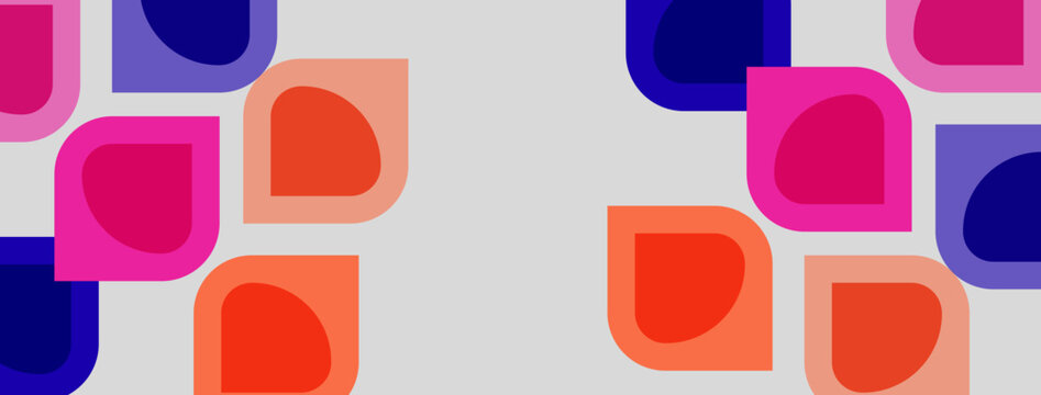 Abstract pattern features rounded squares, vibrant colors. Pink, orange, purple, blue create playful composition. Simple geometric shapes dominate design.