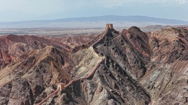 Aerial view of the Great Wall, Jiayuguan Overhanging Great Wall; Gansu, China