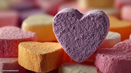 Obraz premium Close-up of heart-shaped candies in various colors, focus on a textured purple piece