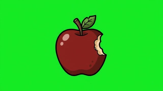 Cute cartoon red apple with a friendly worm peeking out on a green background