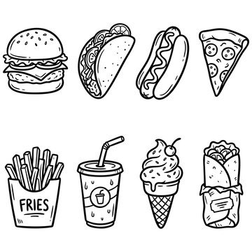Fast food vector icon set line art featuring burger taco hot dog pizza french fries drink ice cream burrito fastfood icecream junkfood