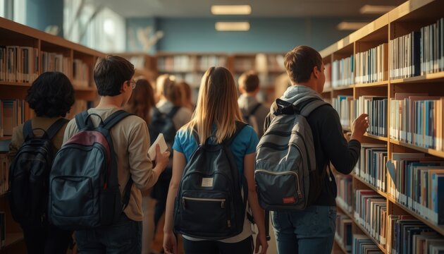 Students browsing shelves inside a bright modern school library aisle setting