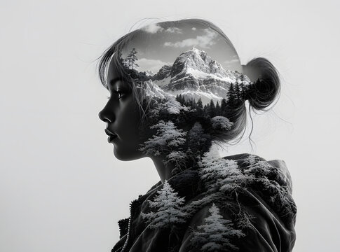 portrait of a woman with double exposure to nature