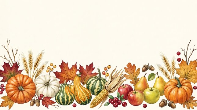 A beautiful and vibrant thanksgiving day scene featuring pumpkins autumn leaves and wheat stalks creating a warm and inviting atmosphere for the holiday season
