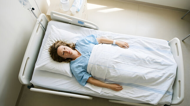 A high angle shot of a patient lying alone in a hospital bed wearing a blue gown while receiving medical care and resting in a clinical ward