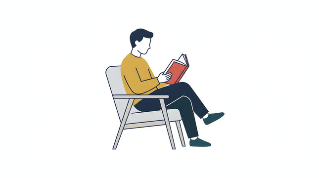 Minimalist illustration of a young man sitting comfortably in an armchair while reading a book in a quiet domestic environment