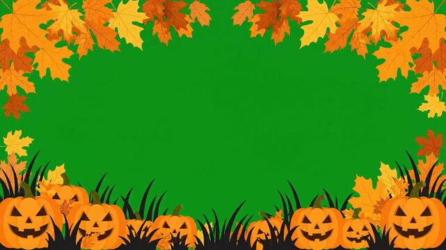 Halloween green screen video overlay with spooky carved jack o lantern pumpkins and autumn maple leaves border frame for seasonal spooky party video editing.