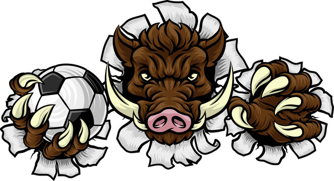 A wild boar, hog razorback warthog pig mean tough cartoon sports mascot holding a soccer football ball