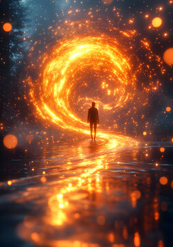 Person Walking Toward a Magical Golden Light Portal