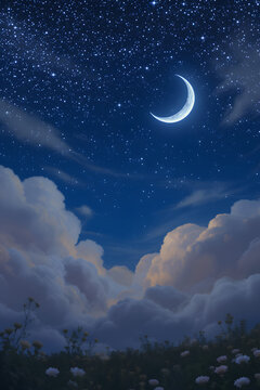 night sky with stars, moon and clouds
