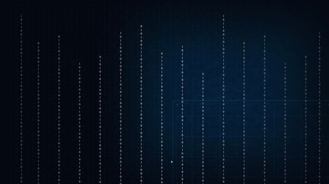 Abstract futuristic data stream of binary code 0s and 1s, digital network technology concept, dark blue background