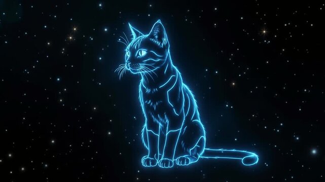 A futuristic cat illustration glowing in neon blue as a constellation in the dark sky with twinkling stars, abstract, digital, and modern design.