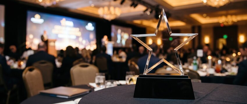Star-shaped award on a table at a corporate event with a blurred audience and stage in the background.