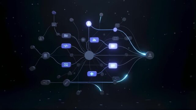Connected process nodes activate in sequence across an intelligent workflow, illustrating AI automation, digital operations, efficiency, and smart business technology.