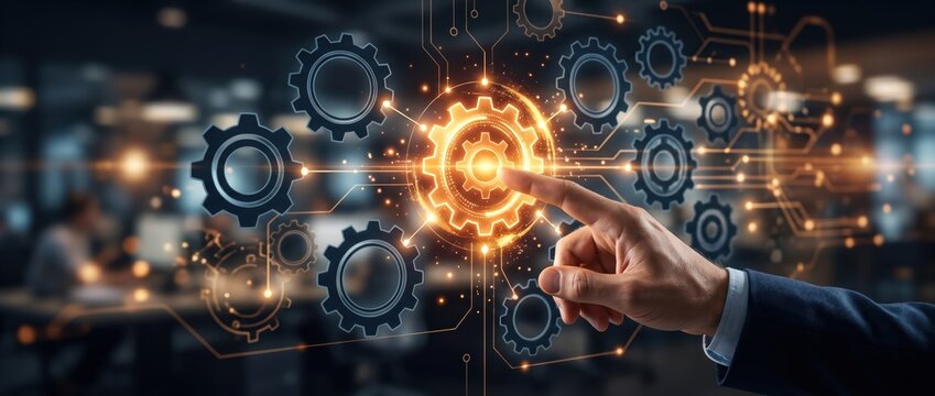 Businessmans Hand Interacting with Glowing Gear System Representing Business Process Automation and Innovation.