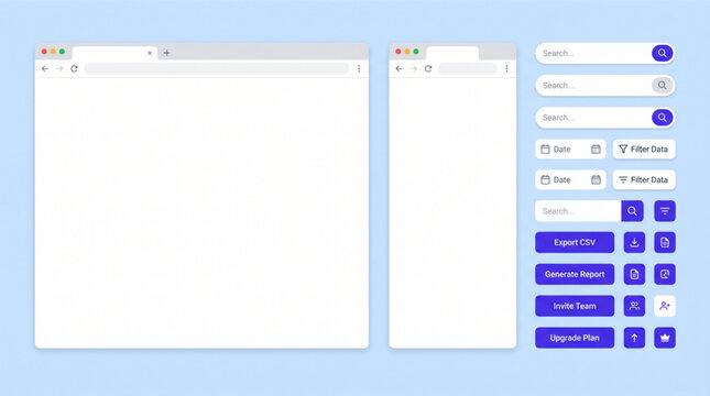 Browser UI template with internet page layout, user interface search bar panels, mobile browser screen mockup, and action buttons for export report and team invite vector illustration set.