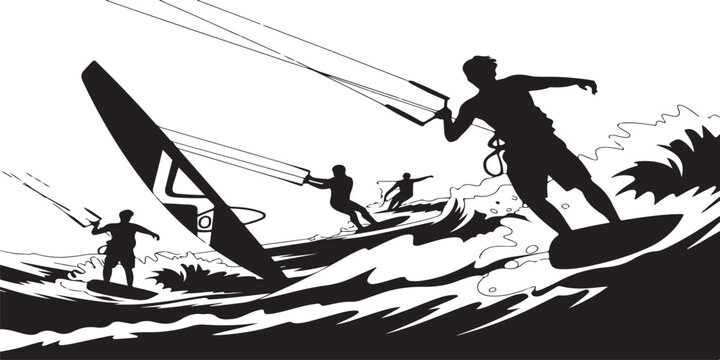Kitesurfing vector silhouette background with people riding waves on surfboards