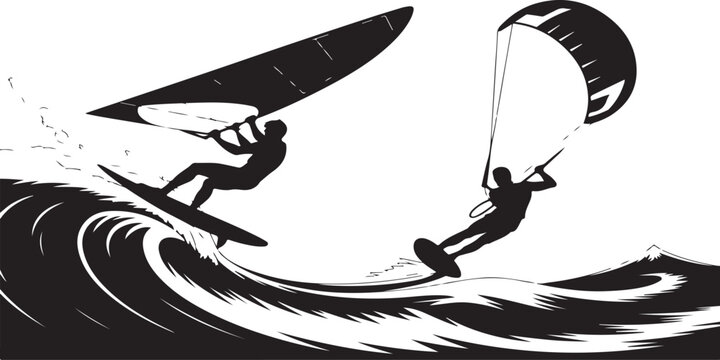 Extreme water sports action vector graphic with windsurf and kitesurf riders