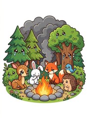 Fototapeta premium Cute Cartoon Forest Animals and Trees Crying Around a Campfire, Environmental Awareness Illustration of Forest Fire Impact