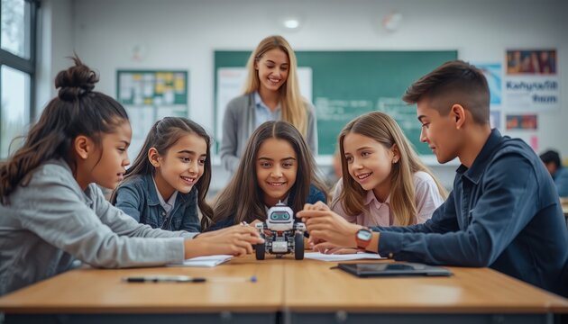 Diverse students collaborating on robotic engineering project in modern school classroom