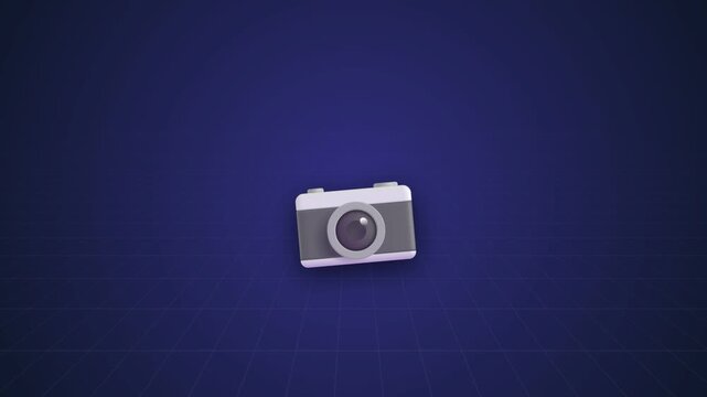 Minimalist 3D camera icon on dark blue gradient background