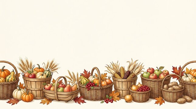 A delightful thanksgiving harvest scene featuring cornucopias pumpkins gourds and autumn leaves evoking feelings of gratitude and family togetherness during the fall season