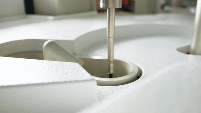 White molded surface with broad rounded cutouts fills close-up scene as slim vertical metal probe stands over circular opening in softly blurred indoor workspace, with bright neutral light, smooth
