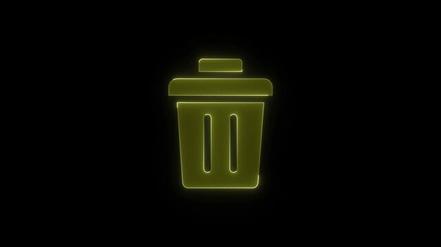 Neon trash bin icon glowing with yellow light over black background representing digital waste and file deletion motion.