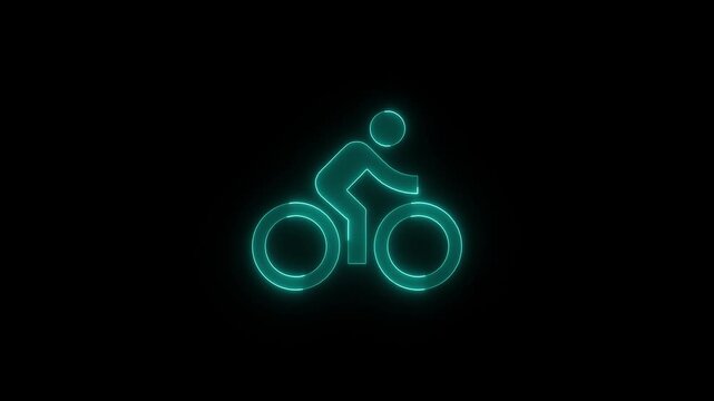 Cyclist icon animation glowing bright turquoise neon outline on black background, cycling sport concept, motion footage.