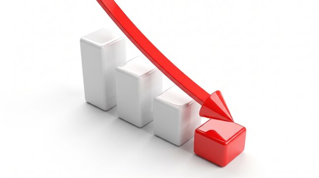 Red arrow pointing down on a white bar chart representing a decline in business performance with arrow points