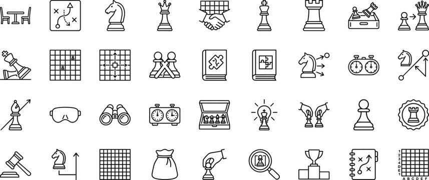 Chess game line icon set. Vector pictograms of tournament, strategy, pieces, and competition elements, thin linear illustration.